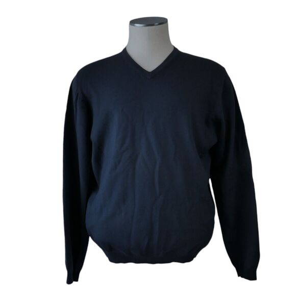 Brooks Brothers Sweater Mens Large Blue Merino Wool Blend Stretch V Neck Preppy - Picture 1 of 8